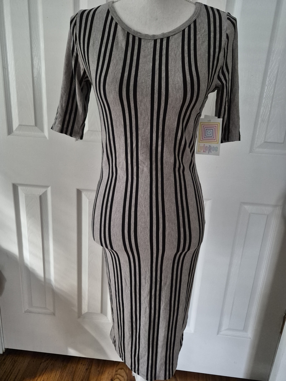 LuLaRoe Gray and Black Vertical Stripe Midi Dress
